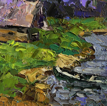 Impasto oil painting Evening cold breeze by Oleksiy Ivanyuk in greens and purples