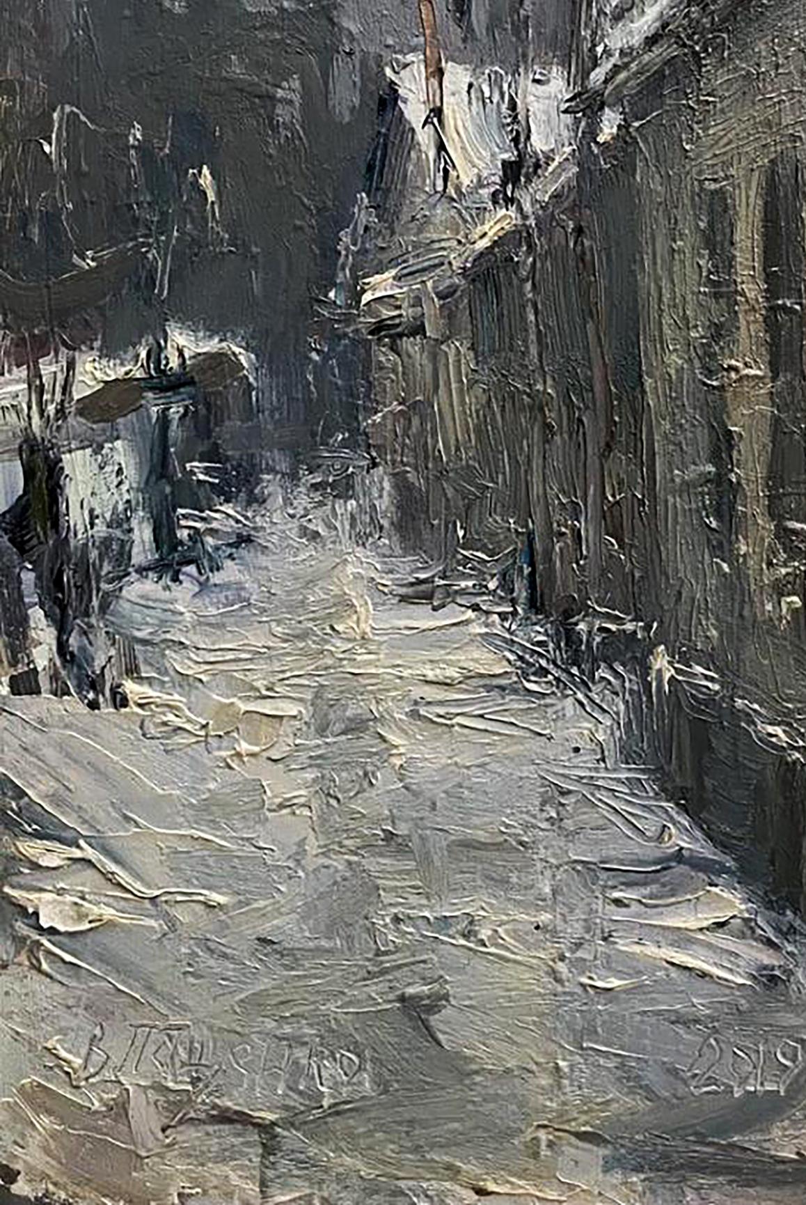 Textured oil painting of snowy alley by Volodymyr Pashchenko
