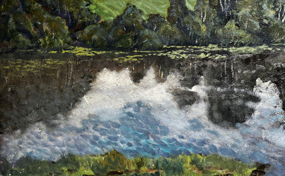 Textured oil painting overlay of serene lake with trees on summer day
