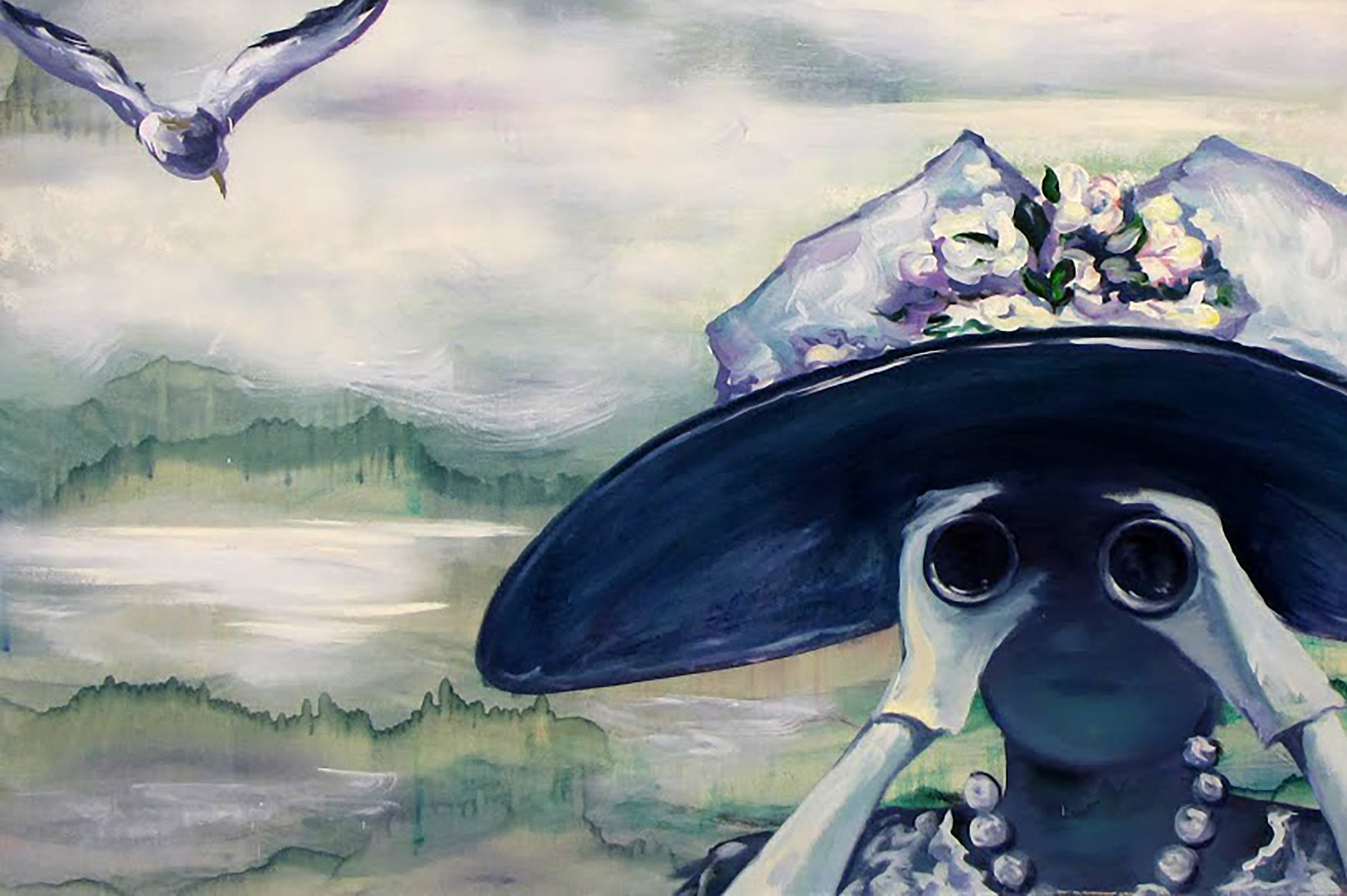 Oil painting Distant Close by Igor Konovalov: dark blue wide-brimmed hat with white and purple flowers