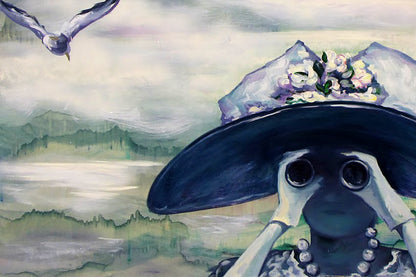 Oil painting Distant Close by Igor Konovalov: dark blue wide-brimmed hat with white and purple flowers
