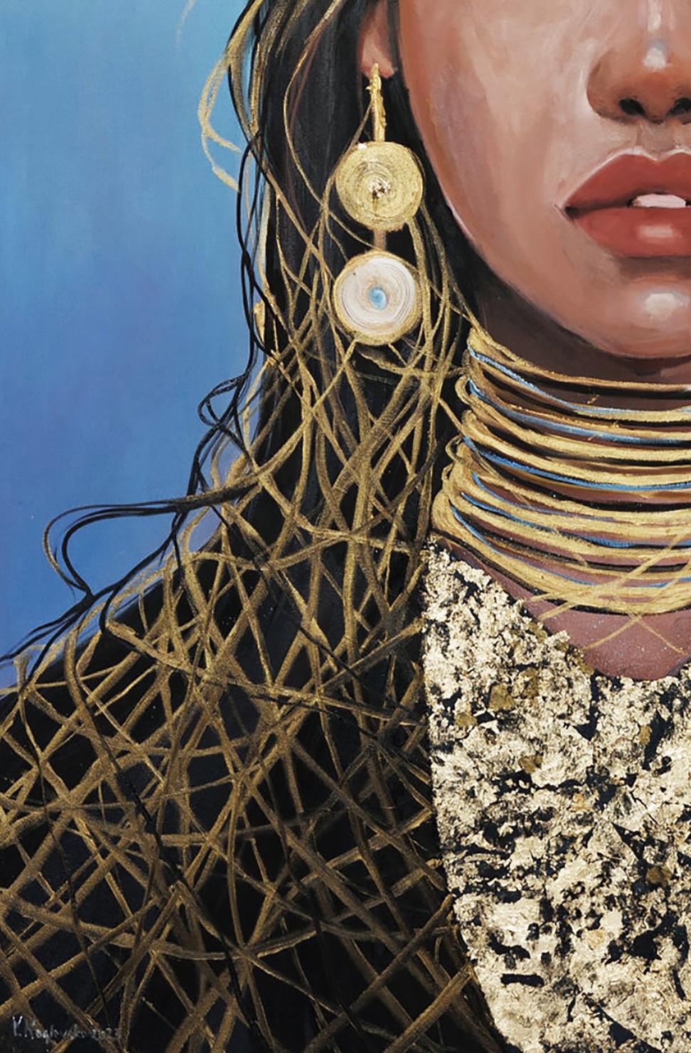 Gold-toned layered circular earrings with blue stone from Oil painting Radiance Victoria Kagalovska