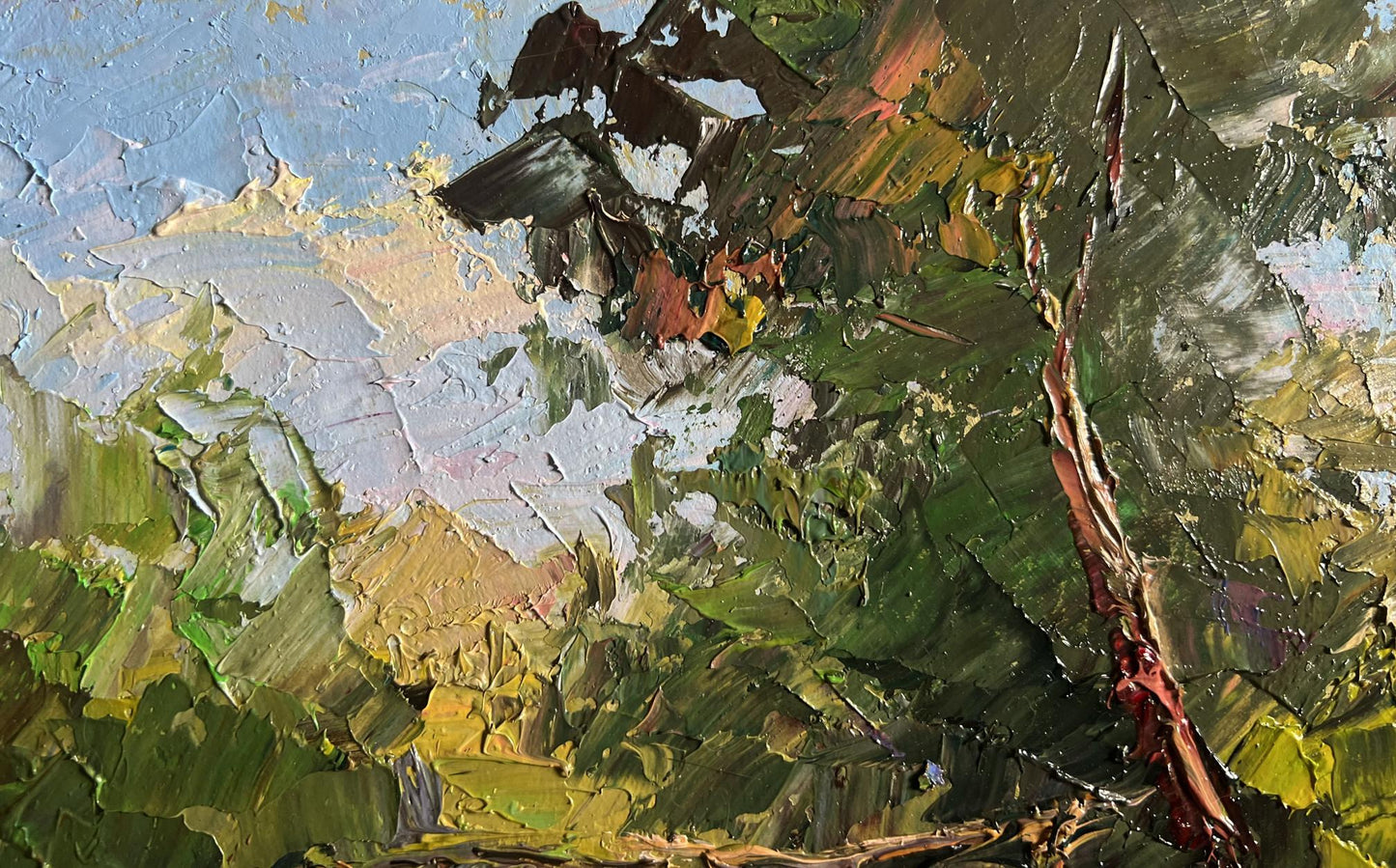 Oil painting landscape with geese by Boris Serdyuk textured tree impasto