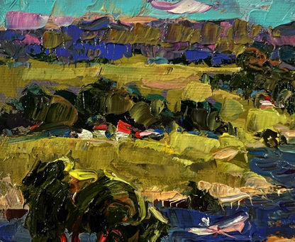 Vibrant impressionist oil painting of winding village river by Oksana Ivanyuk