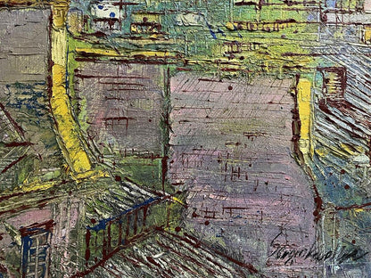 Oil painting Lightening by Serhiy Kovalev with thick impasto in muted greens