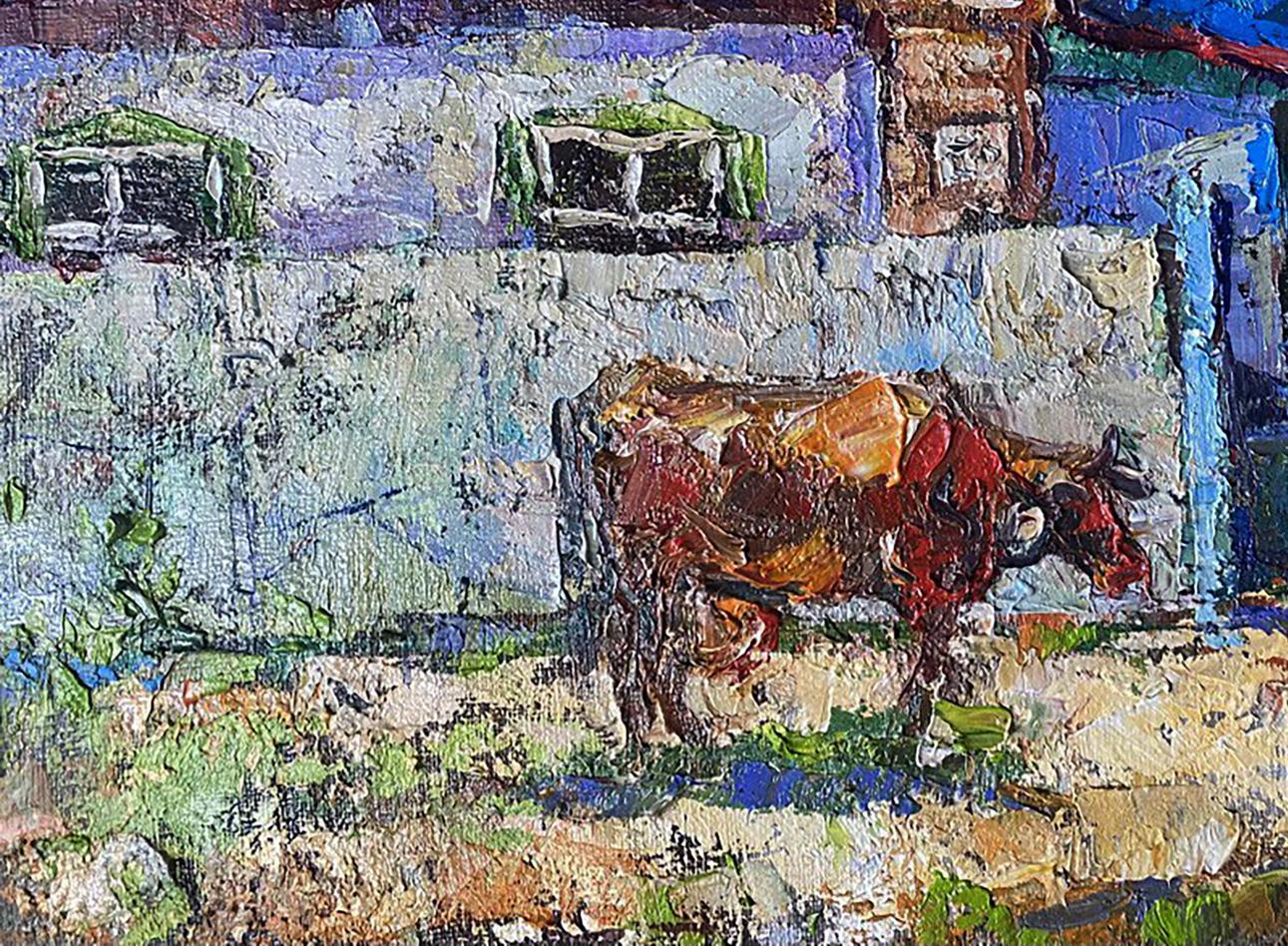 Oil painting The Evening has arrived by Oleksiy Ivanyuk: textured red brown cow before weathered white walls