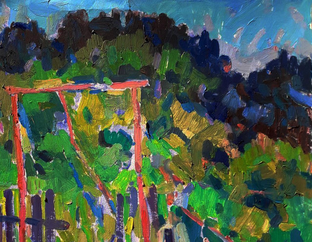 Vibrant impressionist oil painting In the garden by Pavel Dobrev with red swing set