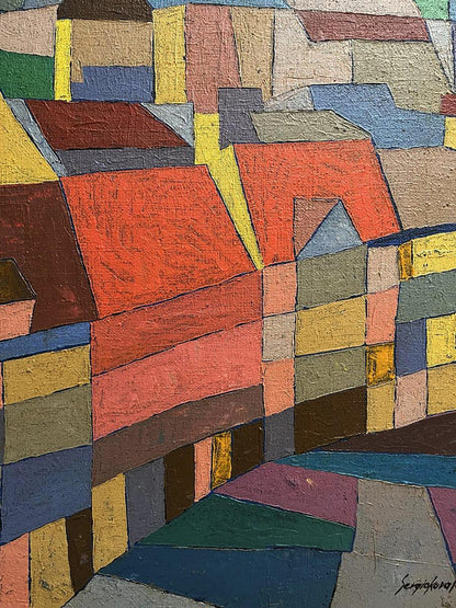 Vibrant oil painting Walking the streets by Serhiy Kovalev with bold geometric shapes