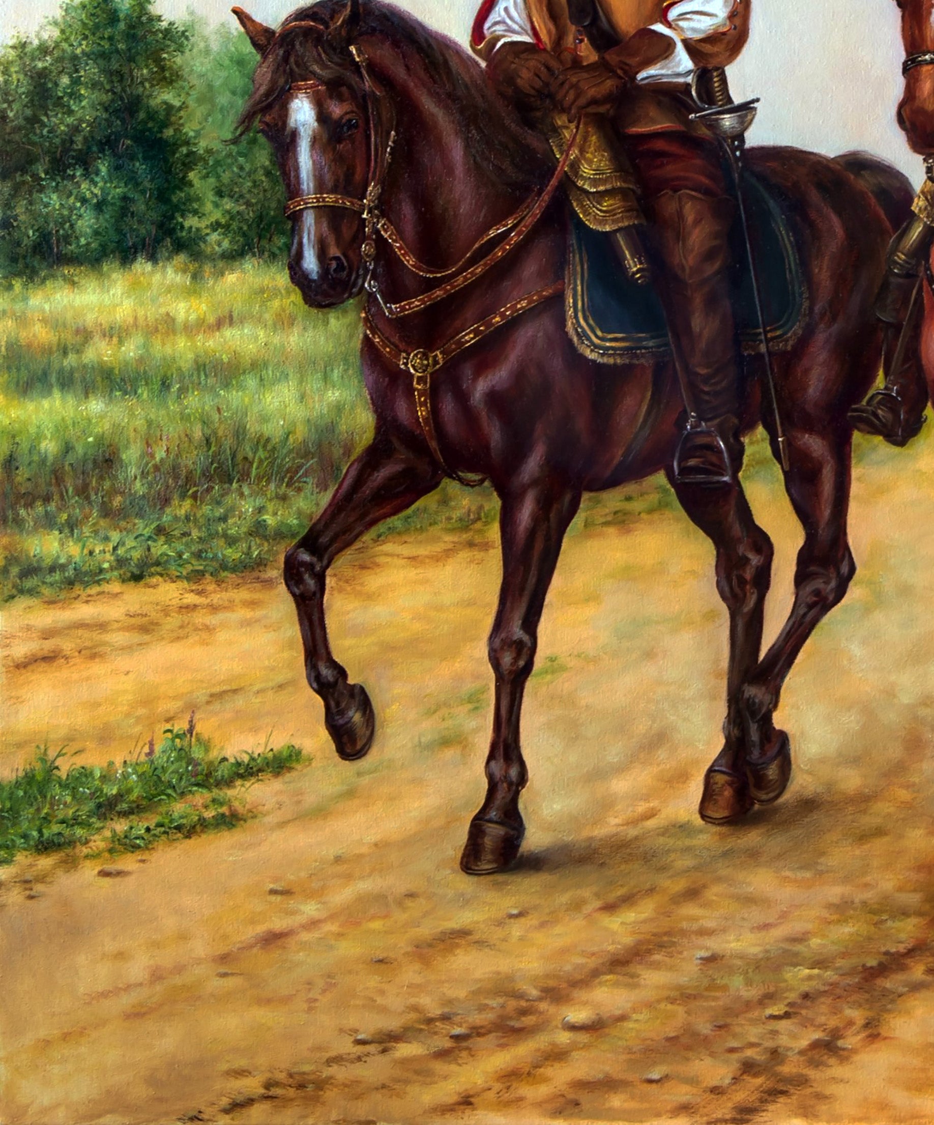 Oil painting Provincial air Valeriy Bulat: dark brown horse with white blaze in golden tack