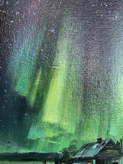 Vibrant green Northern Lights oil painting by Tatyana Derdey over rustic cabin