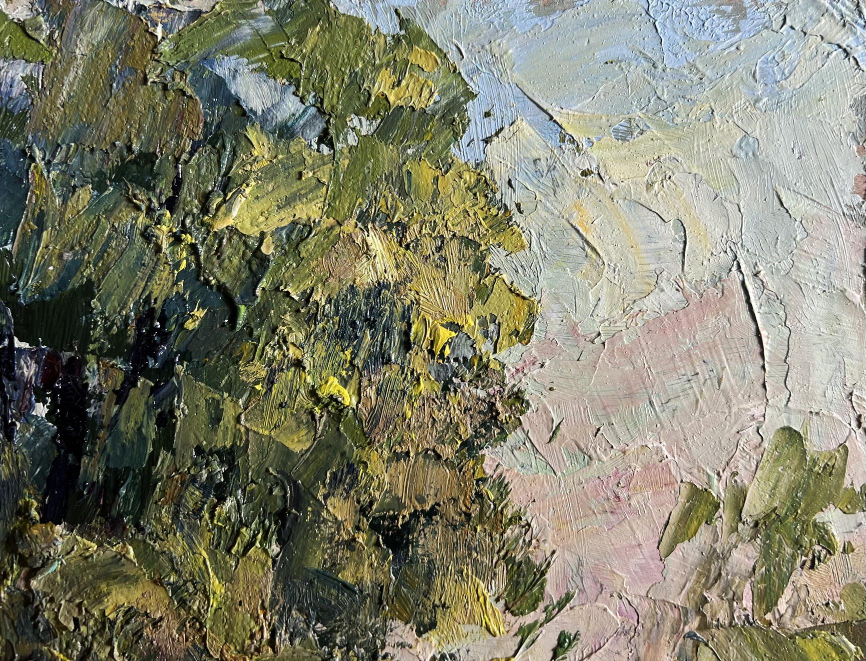 Oil painting Enjoying the Silence by Boris Serdyuk with impasto greens, yellows, pinks