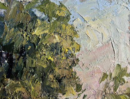 Oil painting Enjoying the Silence by Boris Serdyuk with impasto greens, yellows, pinks