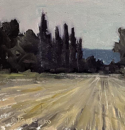 Oil painting of mowed field and dirt road by Volodymyr Pashchenko