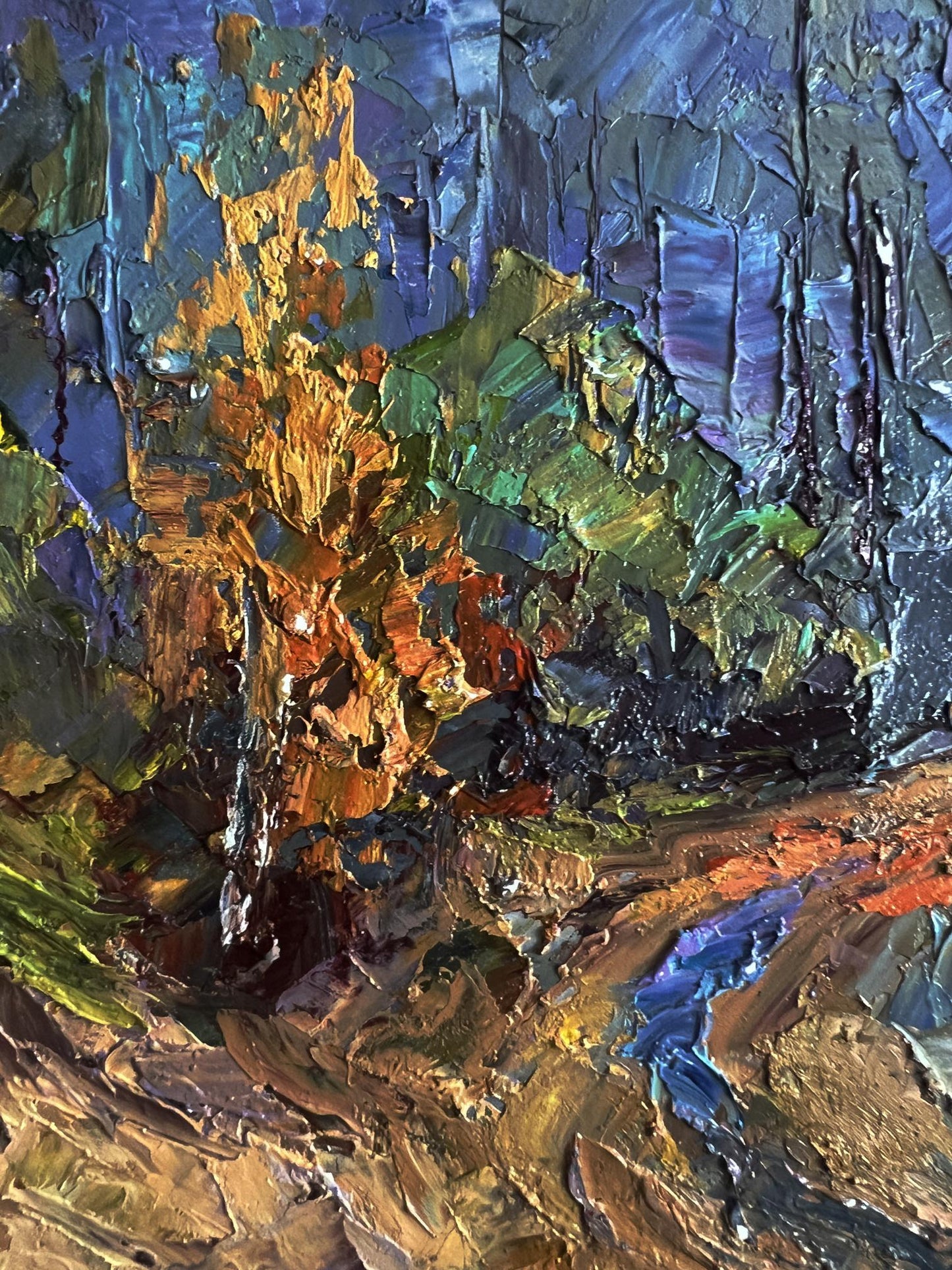 Oil painting Road to the autumn forest by Boris Serdyuk, impasto brushstrokes