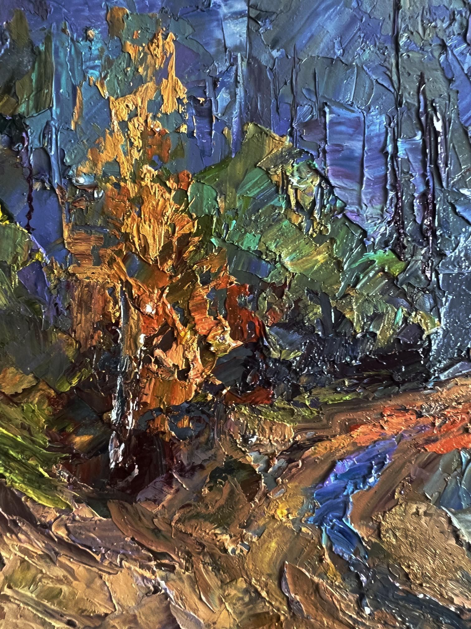 Oil painting Road to the autumn forest by Boris Serdyuk, impasto brushstrokes