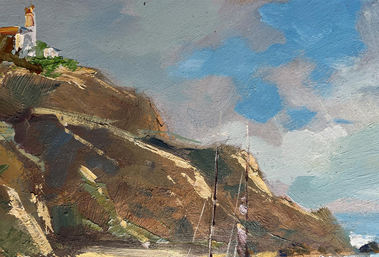 Oil painting Sunny day at sea by Yuriy Suprunchuk: cliffside lighthouse