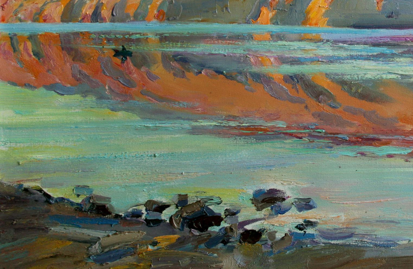 Oil painting Morning on the River by Leonid Pavlenko reflective water scene