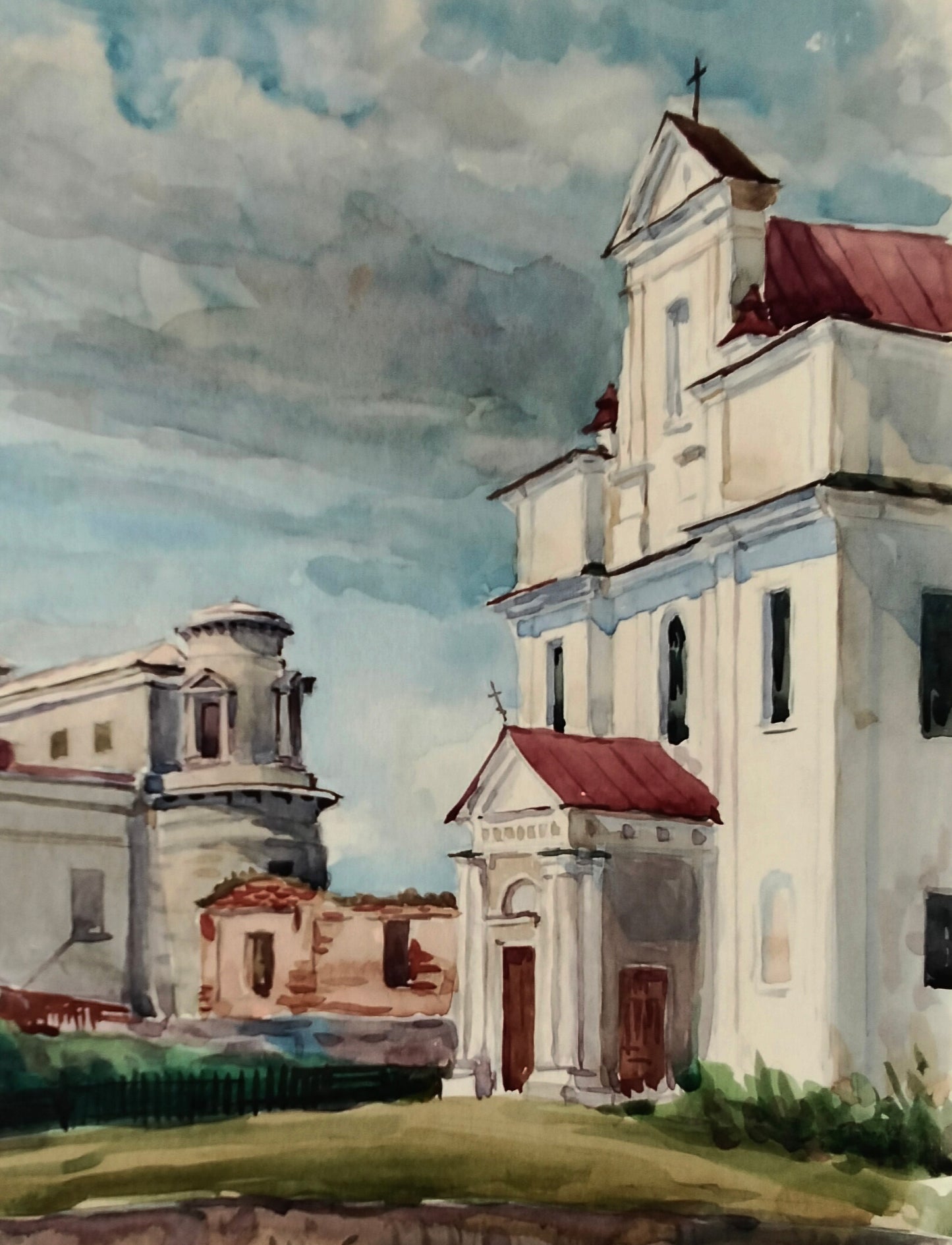 Watercolor painting of white stone church with red roofs by Vitaly Duhnevich