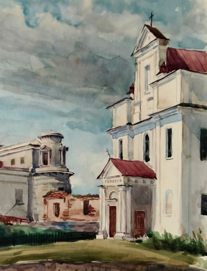 Watercolor painting of white stone church with red roofs by Vitaly Duhnevich