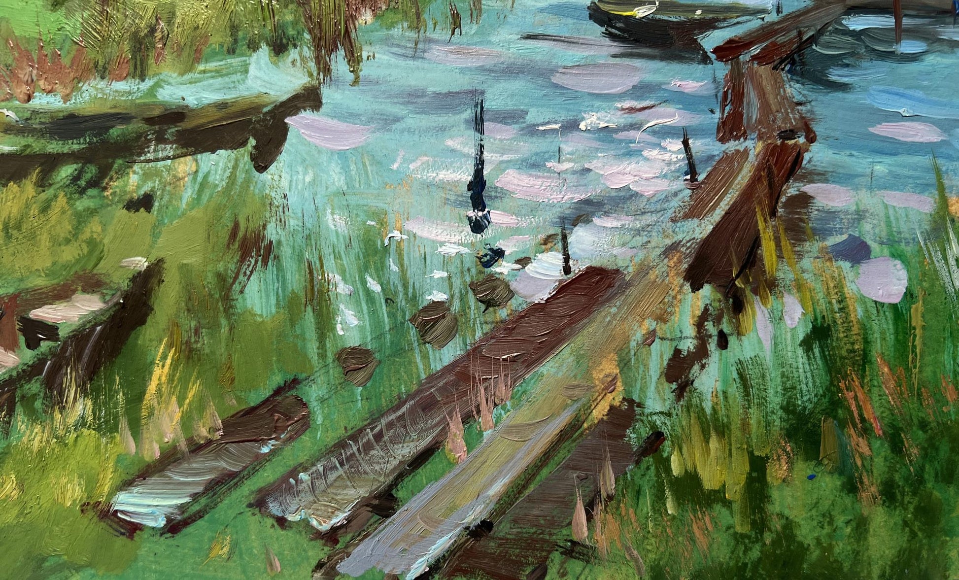 Oil painting River melancholy by Yuriy Suprunchuk: dock in turquoise water with lily pads