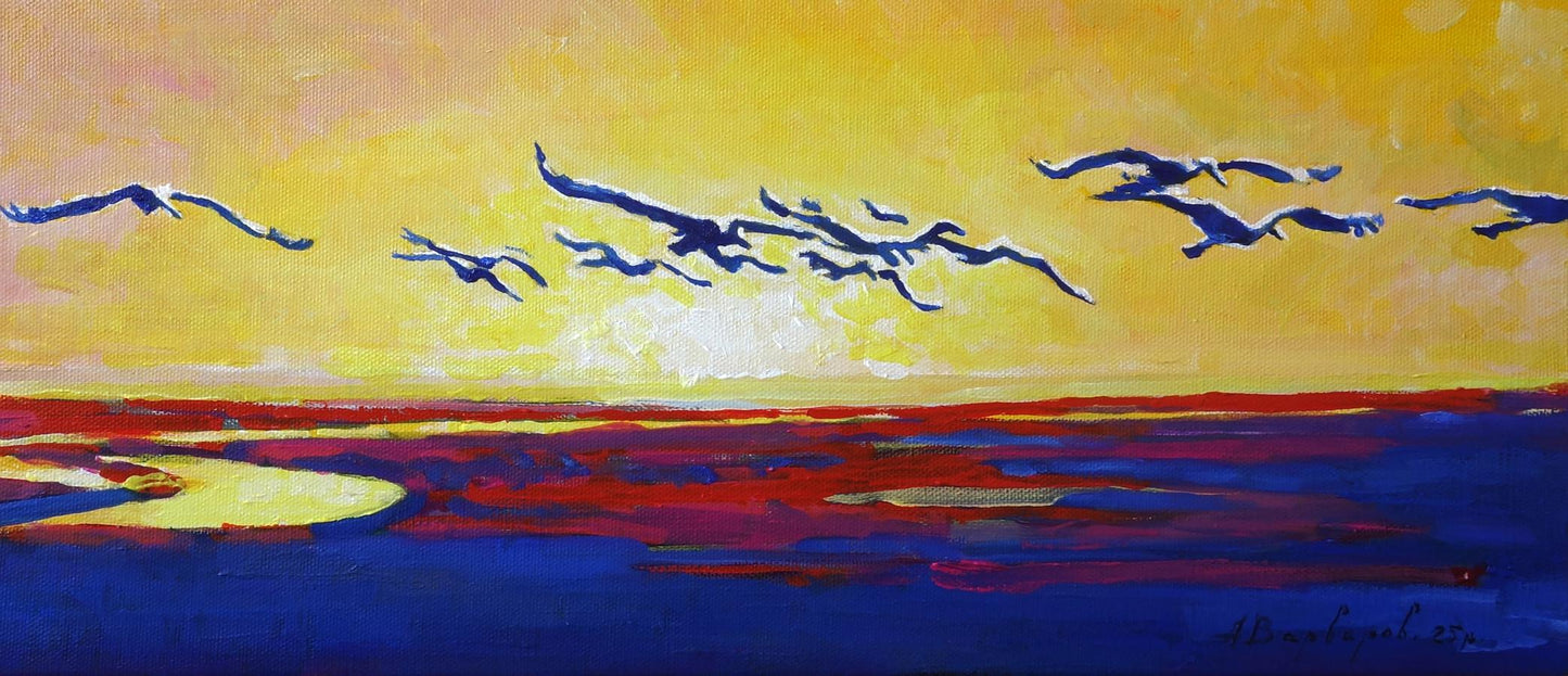 Oil painting Storks at Sunset Anatoly Varvarov