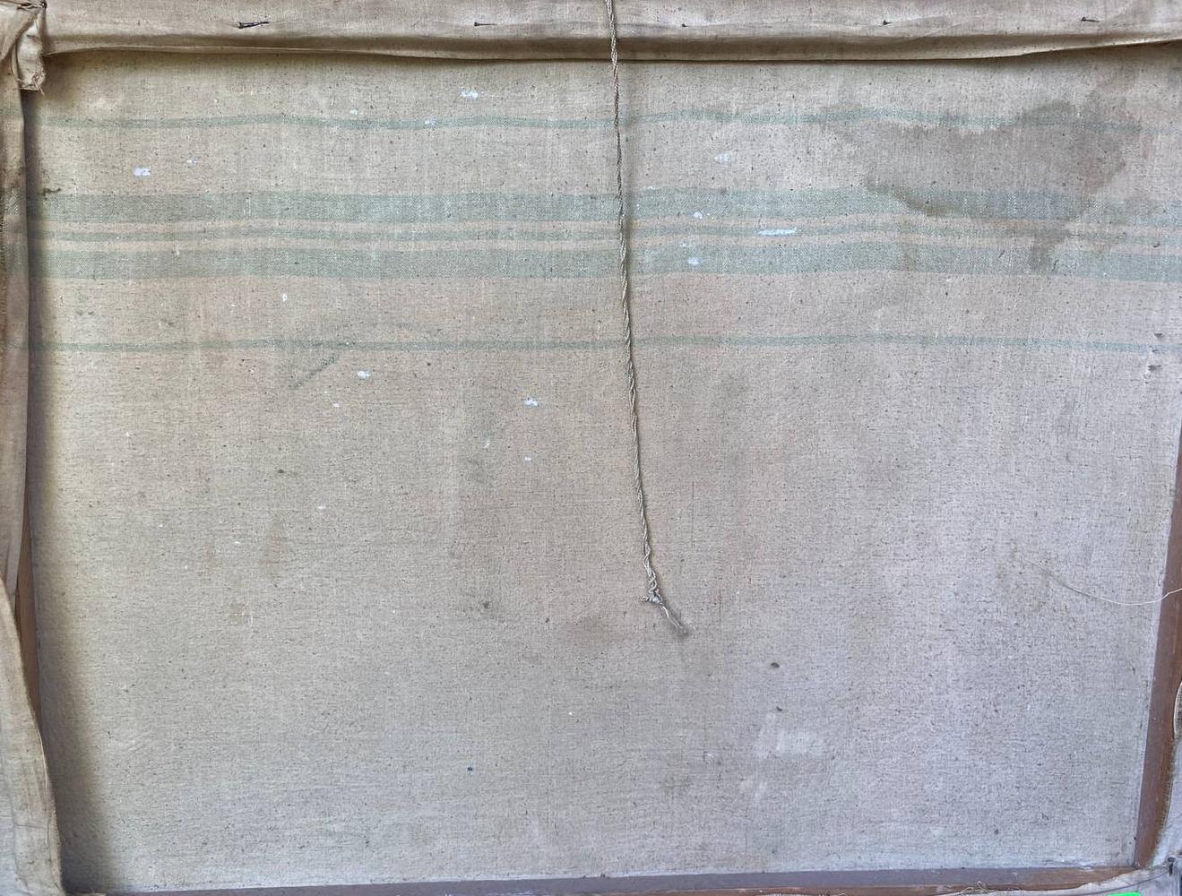 Back of Oil painting Romantic walk by the lake with beige canvas and faded green stripes