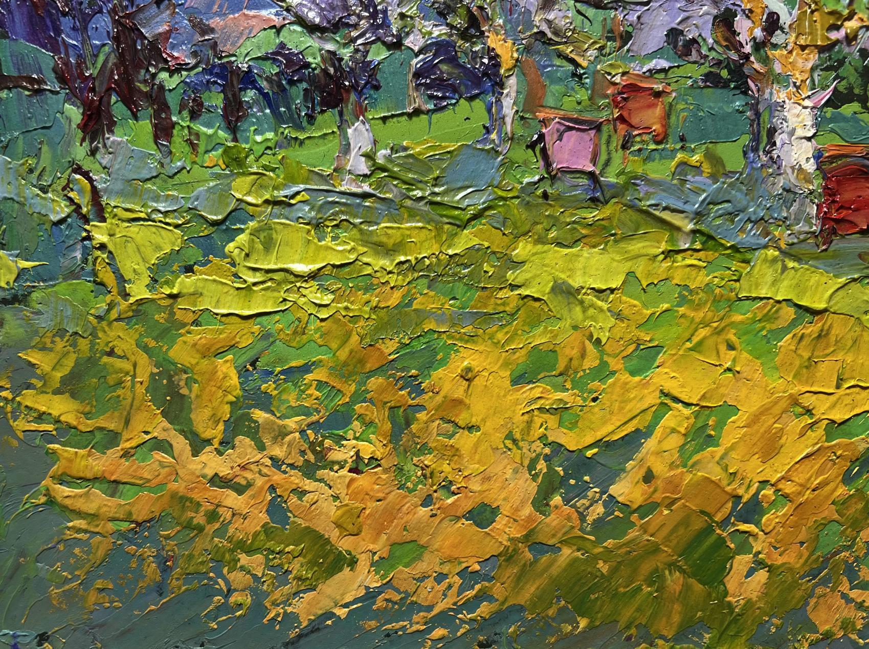 Vibrant oil painting Spring apiary by Oksana Ivanyuk with green yellow strokes