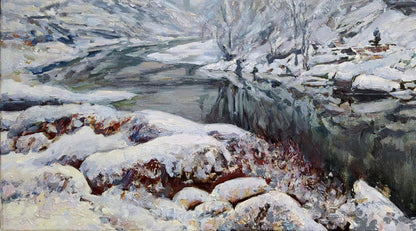 Oil painting Winter on the River by Leonid Pavlenko: snow-covered rocks in frozen riverbed