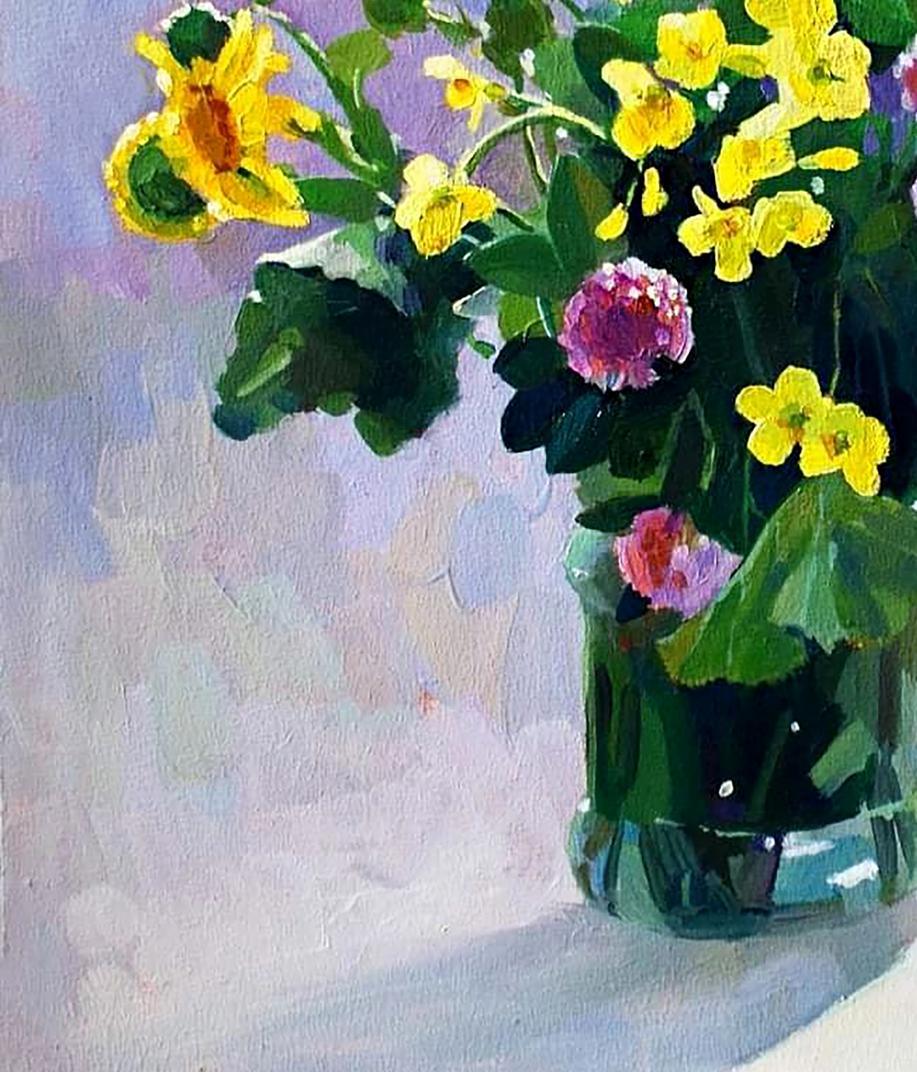 Oil painting of vibrant yellow pink autumn wildflowers by Anastasia Yaroshevich