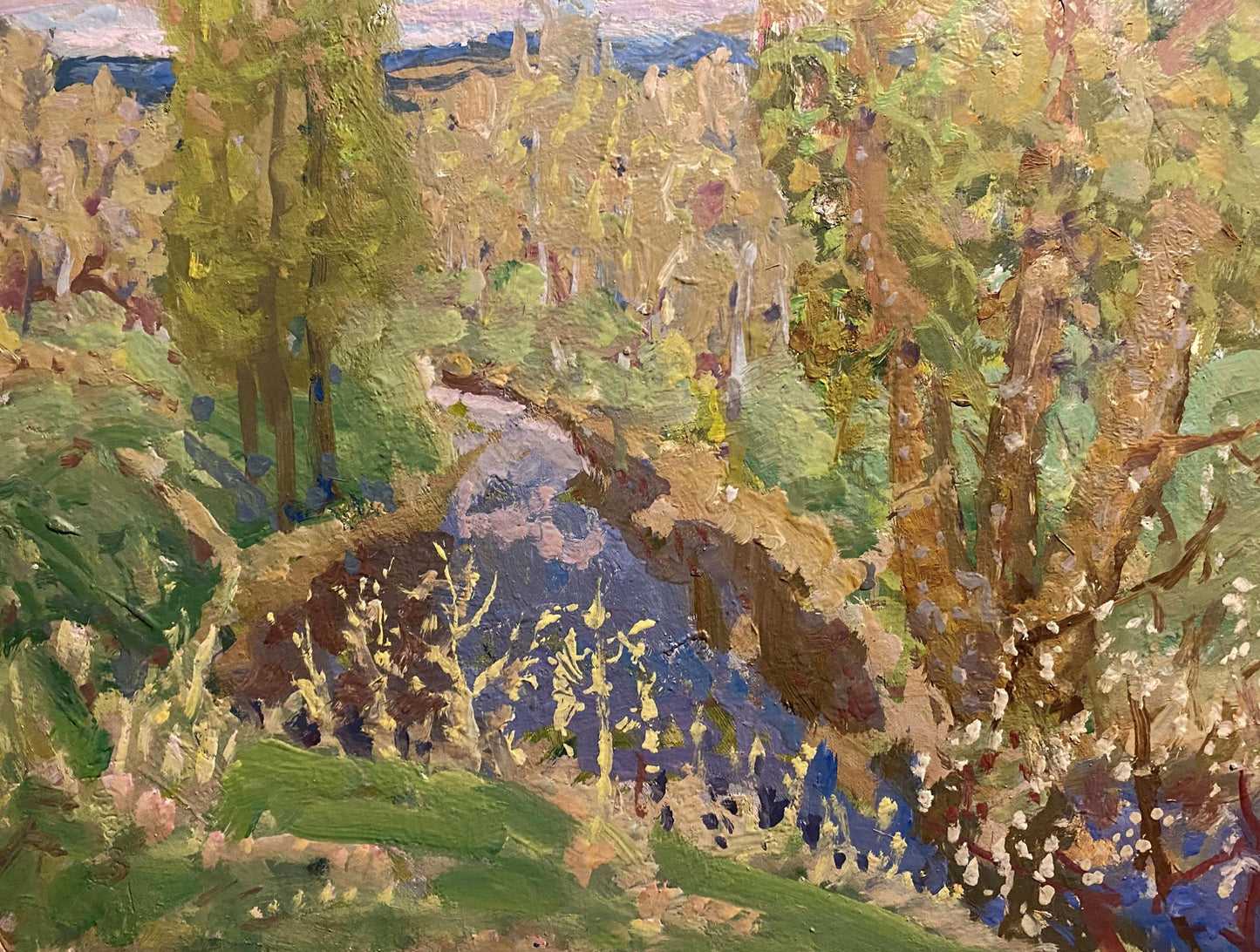 Oil painting April by Georgy Kolosovsky: vibrant impressionist river scene