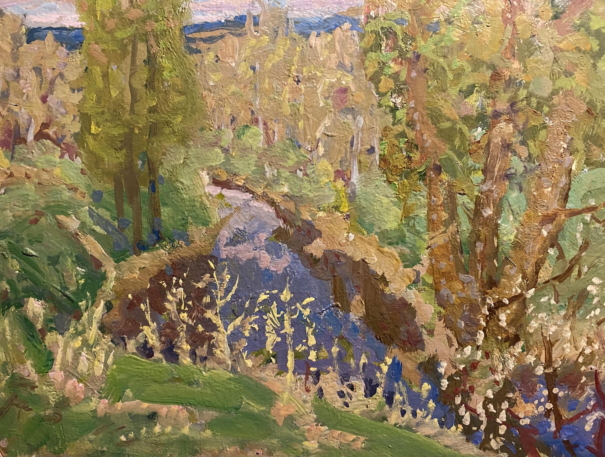 Oil painting April by Georgy Kolosovsky: vibrant impressionist river scene