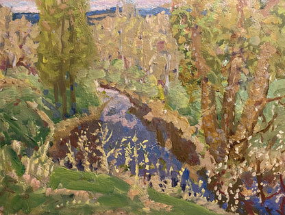 Oil painting April by Georgy Kolosovsky: vibrant impressionist river scene