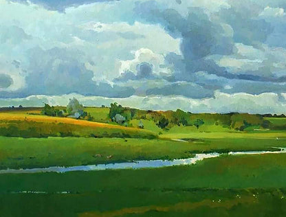 Oil painting by Anastasia Yaroshevich: serene green fields, river, dramatic clouds