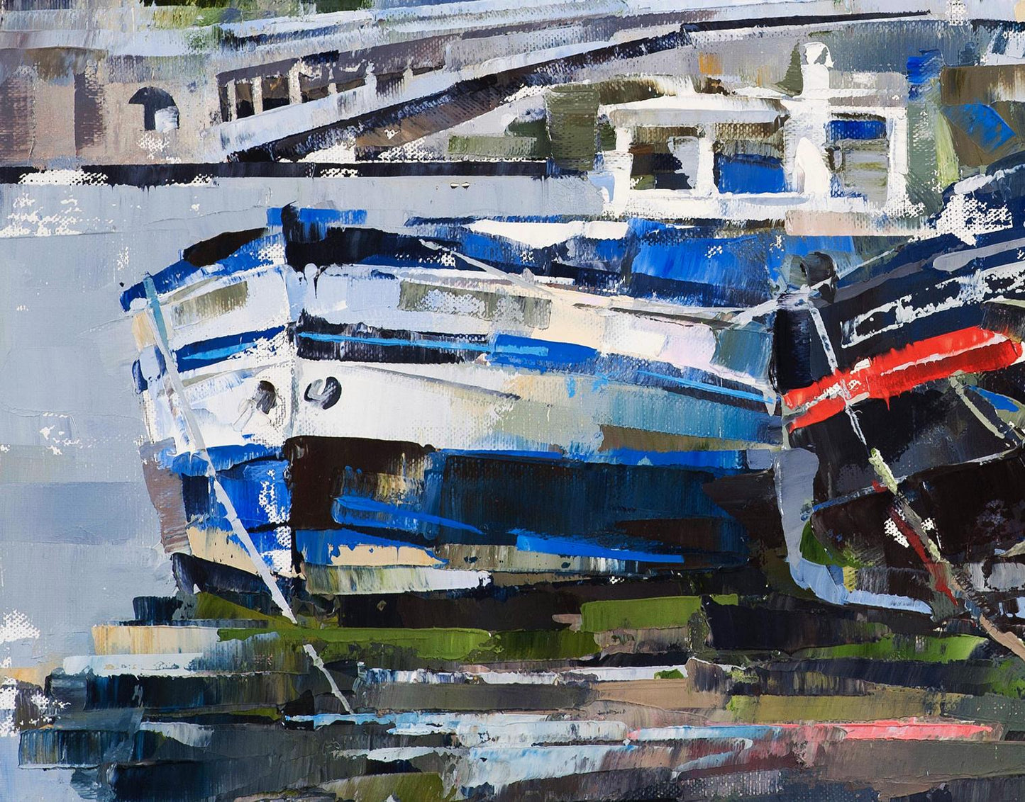 Oil painting Boats and bridge by Volodymyr Gluhomanyuk, stylized blue boat by bridge