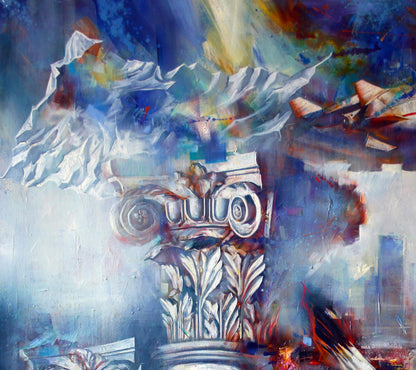 Oil painting Flight over the city by Alexander Dobrodiy: carved Corinthian column