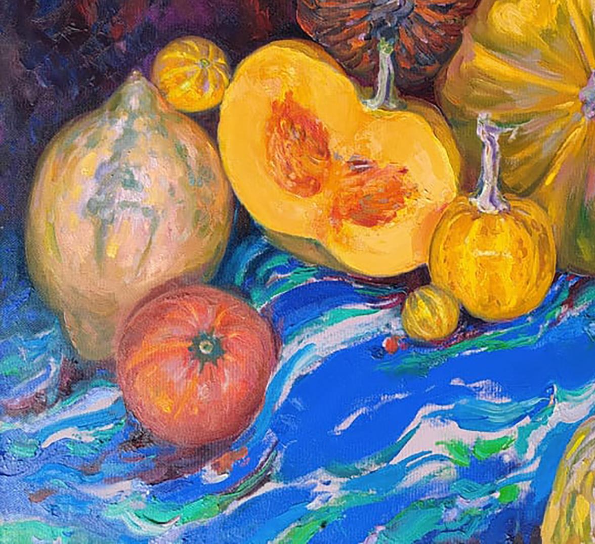 Oil painting of vibrant yellow squash cut to reveal orange interior by Leonid Pavlenko
