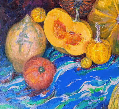 Oil painting of vibrant yellow squash cut to reveal orange interior by Leonid Pavlenko
