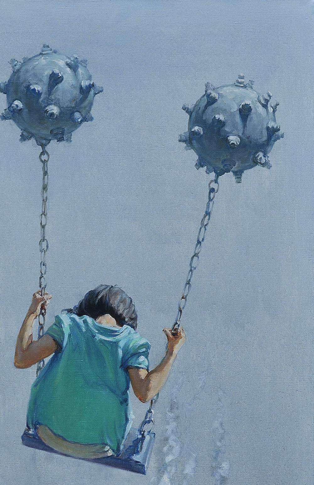 Oil painting Aerial skating by Oleg Kateryniuk: child on swing with spiked spheres