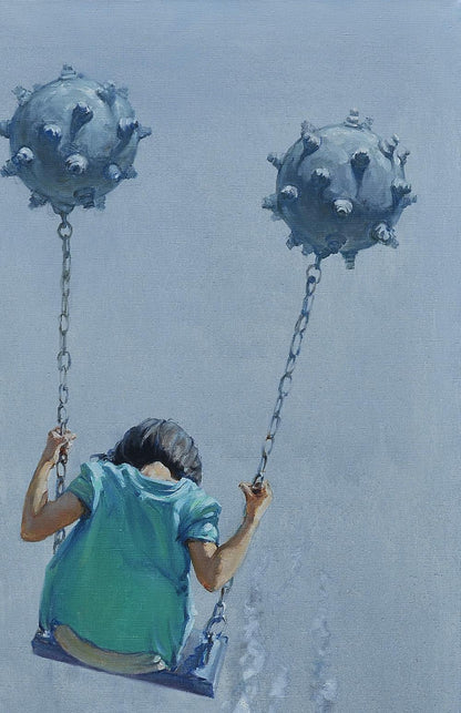 Oil painting Aerial skating by Oleg Kateryniuk: child on swing with spiked spheres