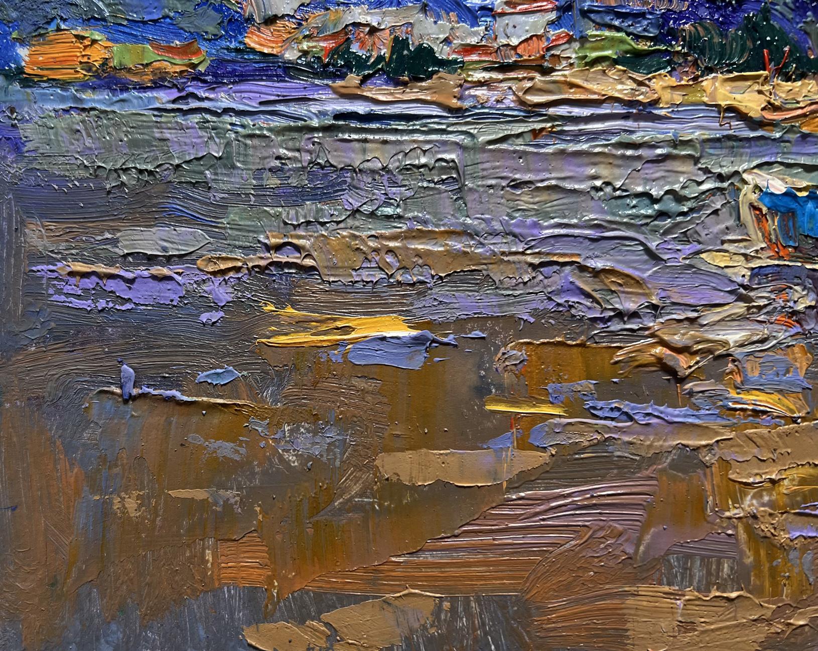 Oil painting Moon over the lake by Oksana Ivanyuk impasto textures