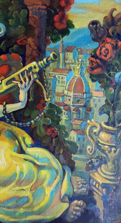 Oil painting Florence by Daniil Litvinov: hand plays golden flute amid red roses, domed cityscape