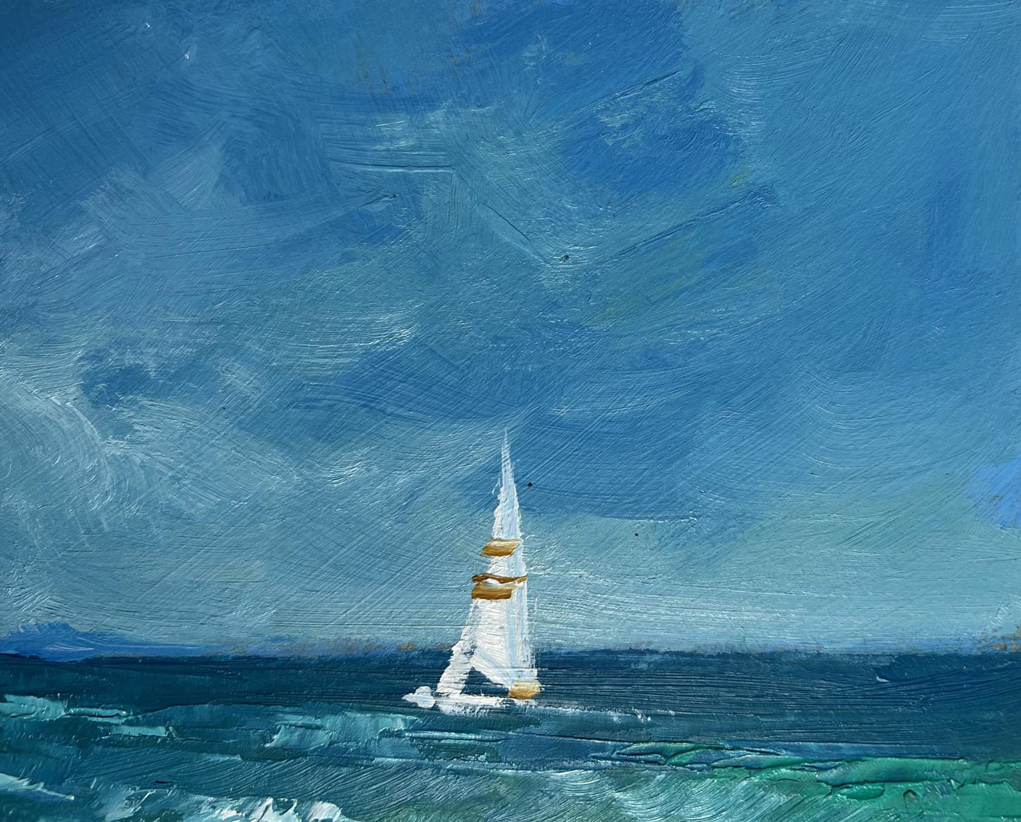 Oil painting of lonely white sailboat with gold trim at sea by Yuriy Suprunchuk