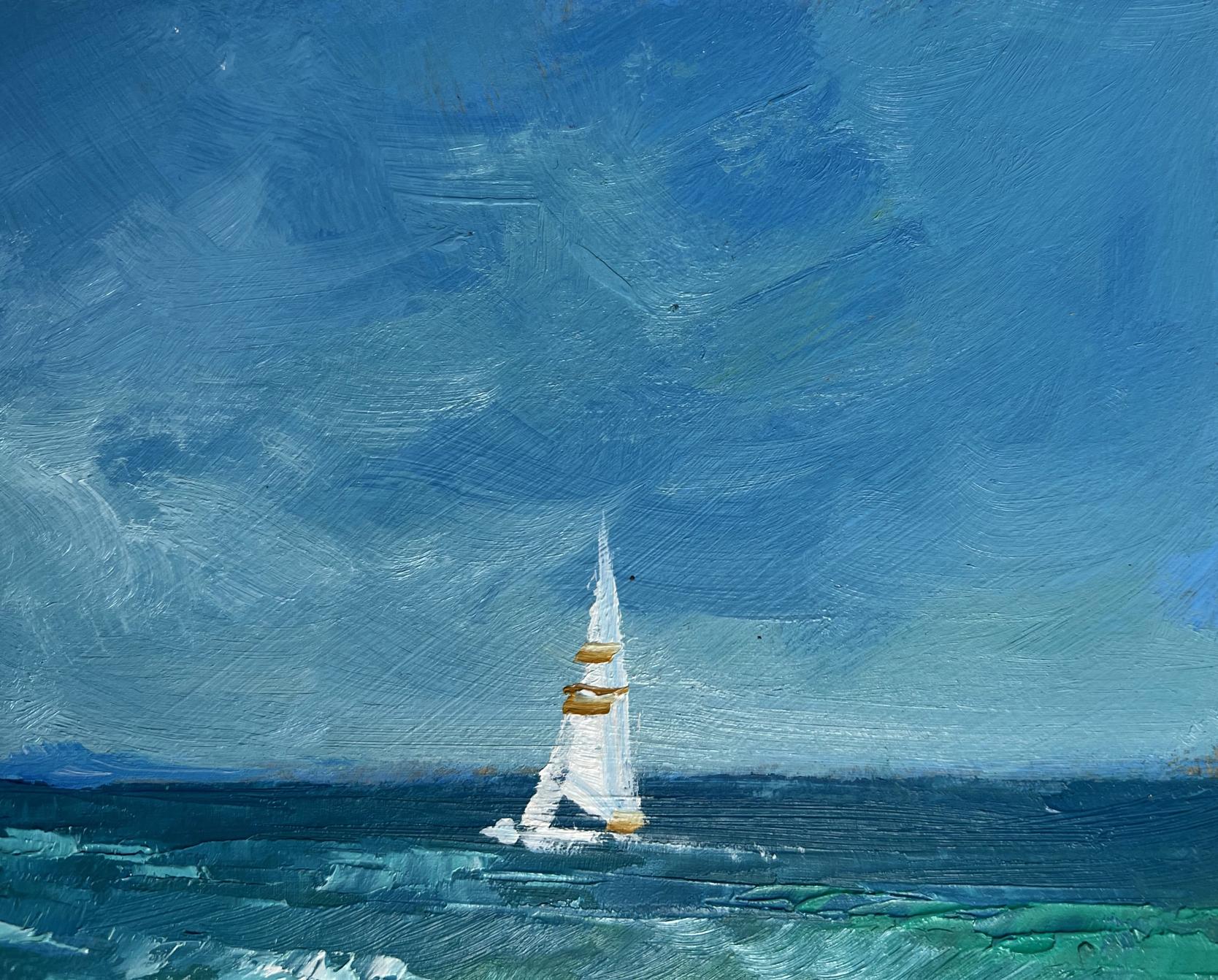 Oil painting of lonely white sailboat with gold trim at sea by Yuriy Suprunchuk