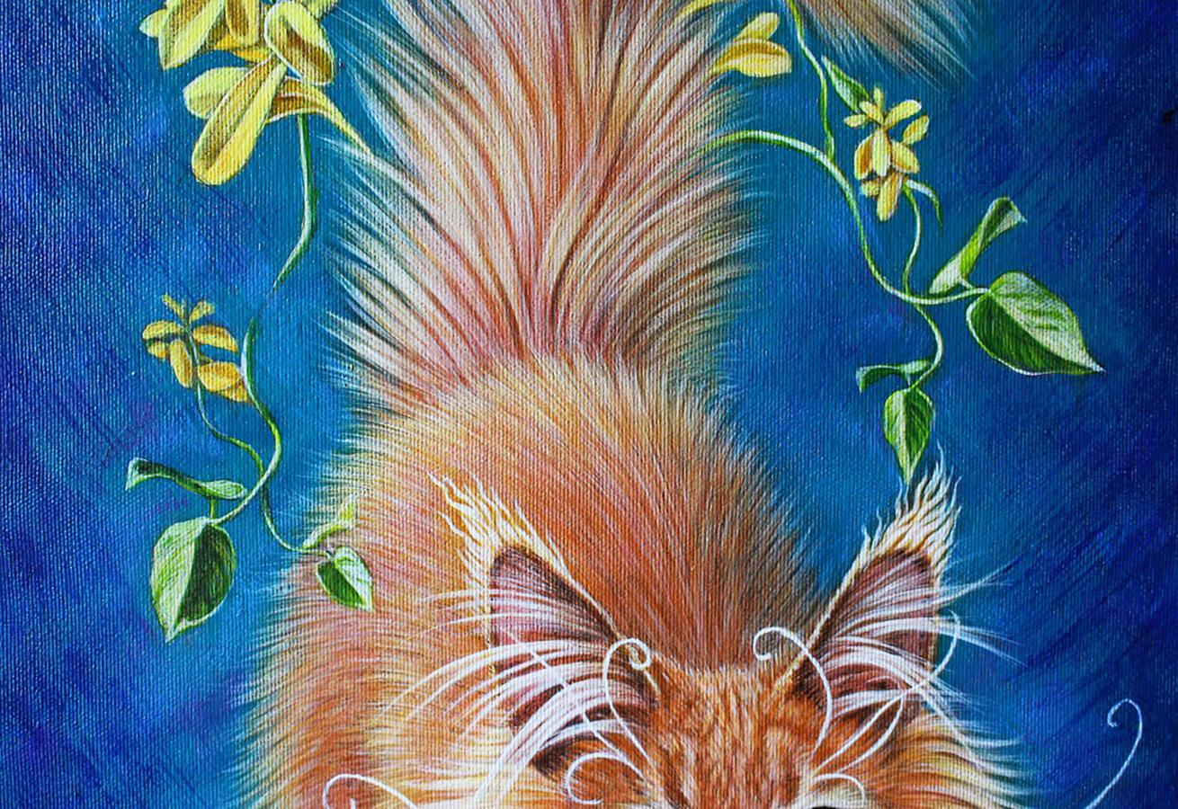 Oil painting of Lapusic sorcerer Vira Goncharenko: orange fox with flowers