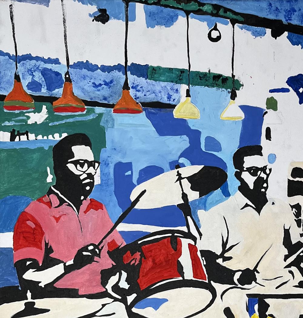 Vibrant red and white drum with black accents in Arturo Banks jazz cafe painting