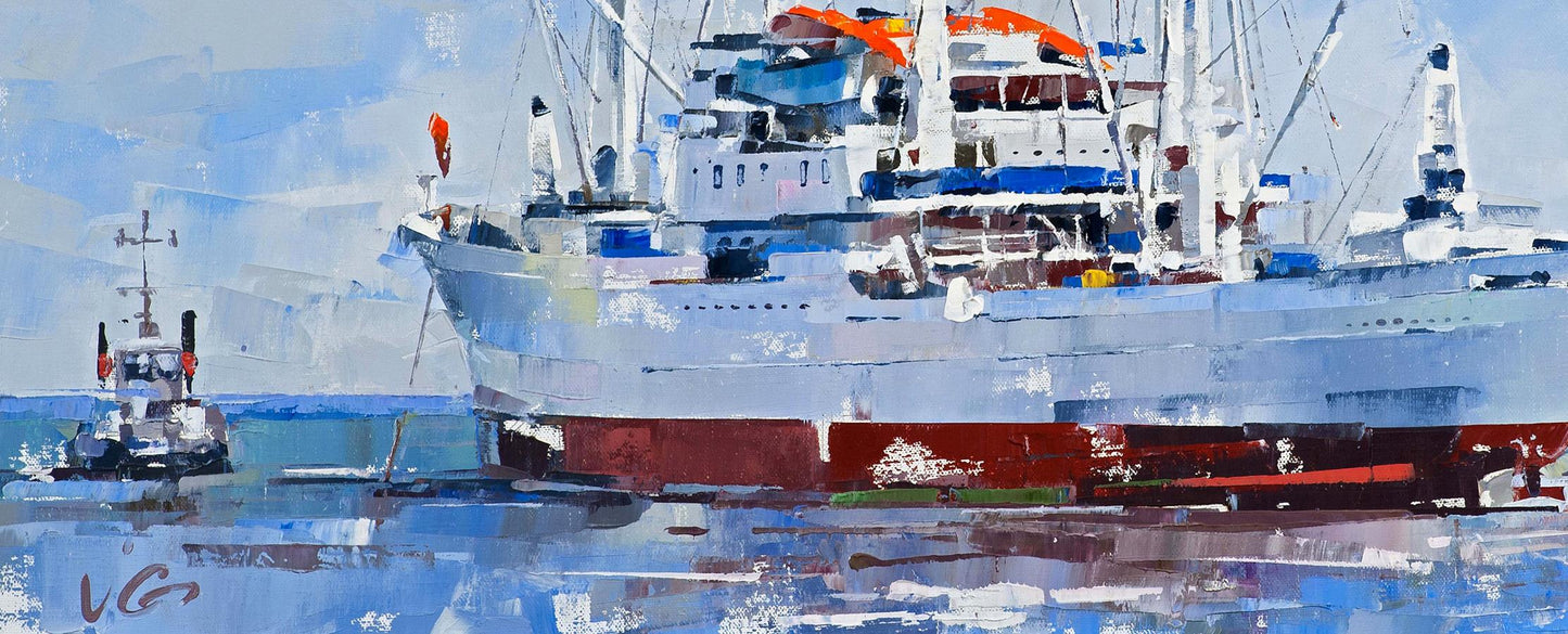 Oil painting of Cargo ship Cap San Diego by Volodymyr Gluhomanyuk