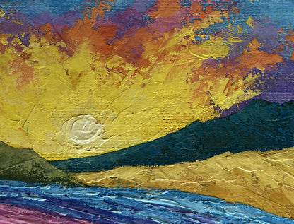 Vibrant oil painting of yellow sunset lights over mountains by V. Zadorozhnya