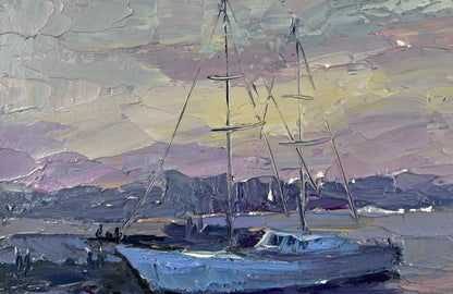 Textured impressionist oil painting of Boris Serdyuk Yacht in evening sky blues