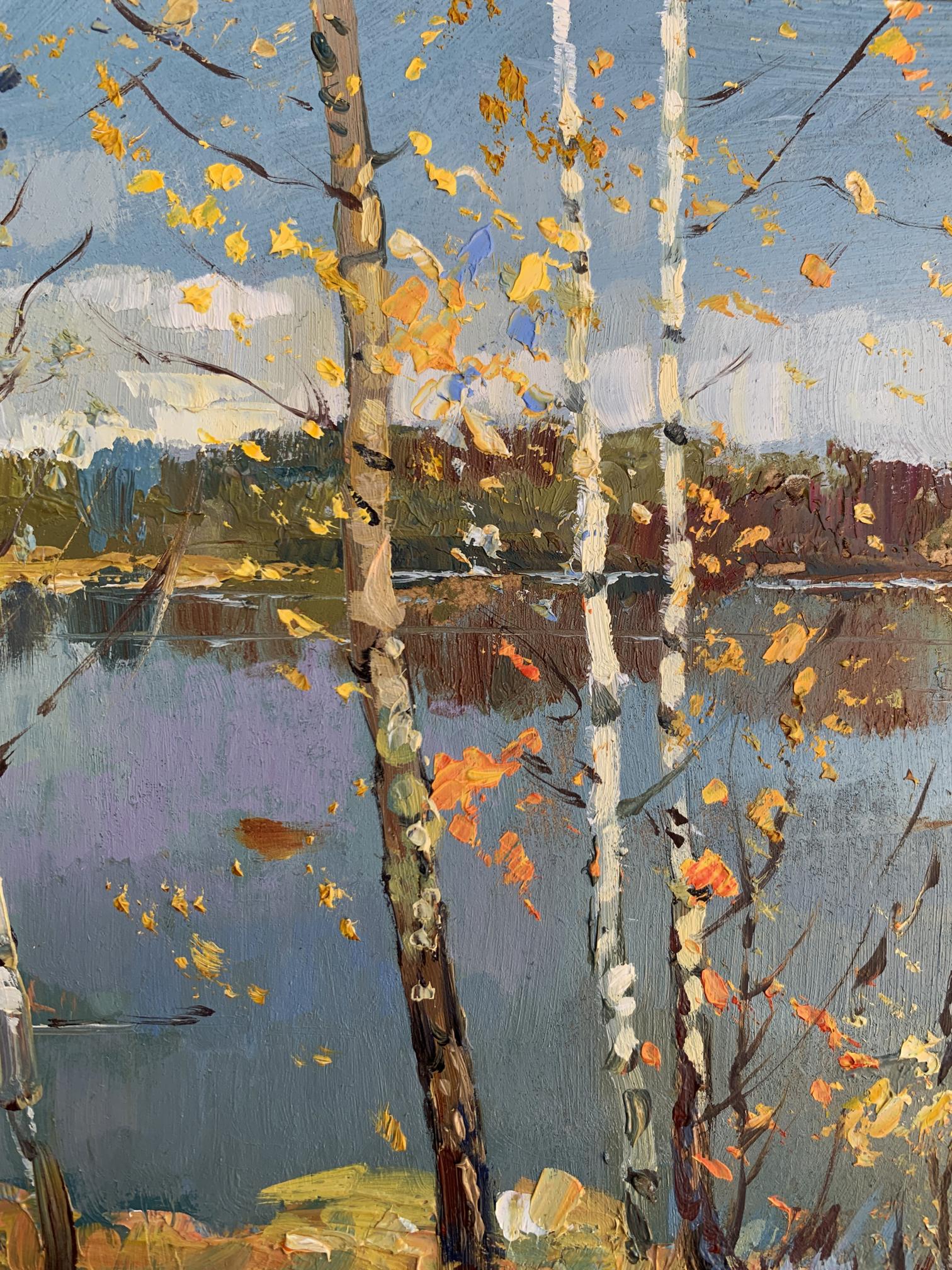 Oil painting View through the birches by Yuriy Suprunchuk: autumnal birch trees by lake
