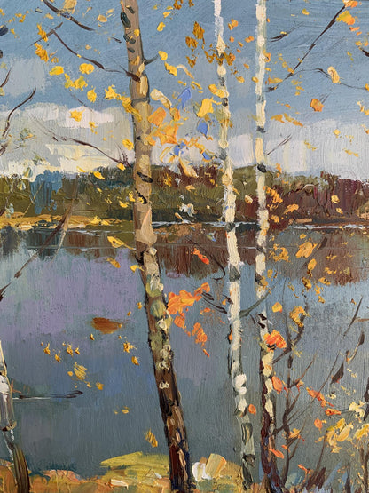 Oil painting View through the birches by Yuriy Suprunchuk: autumnal birch trees by lake